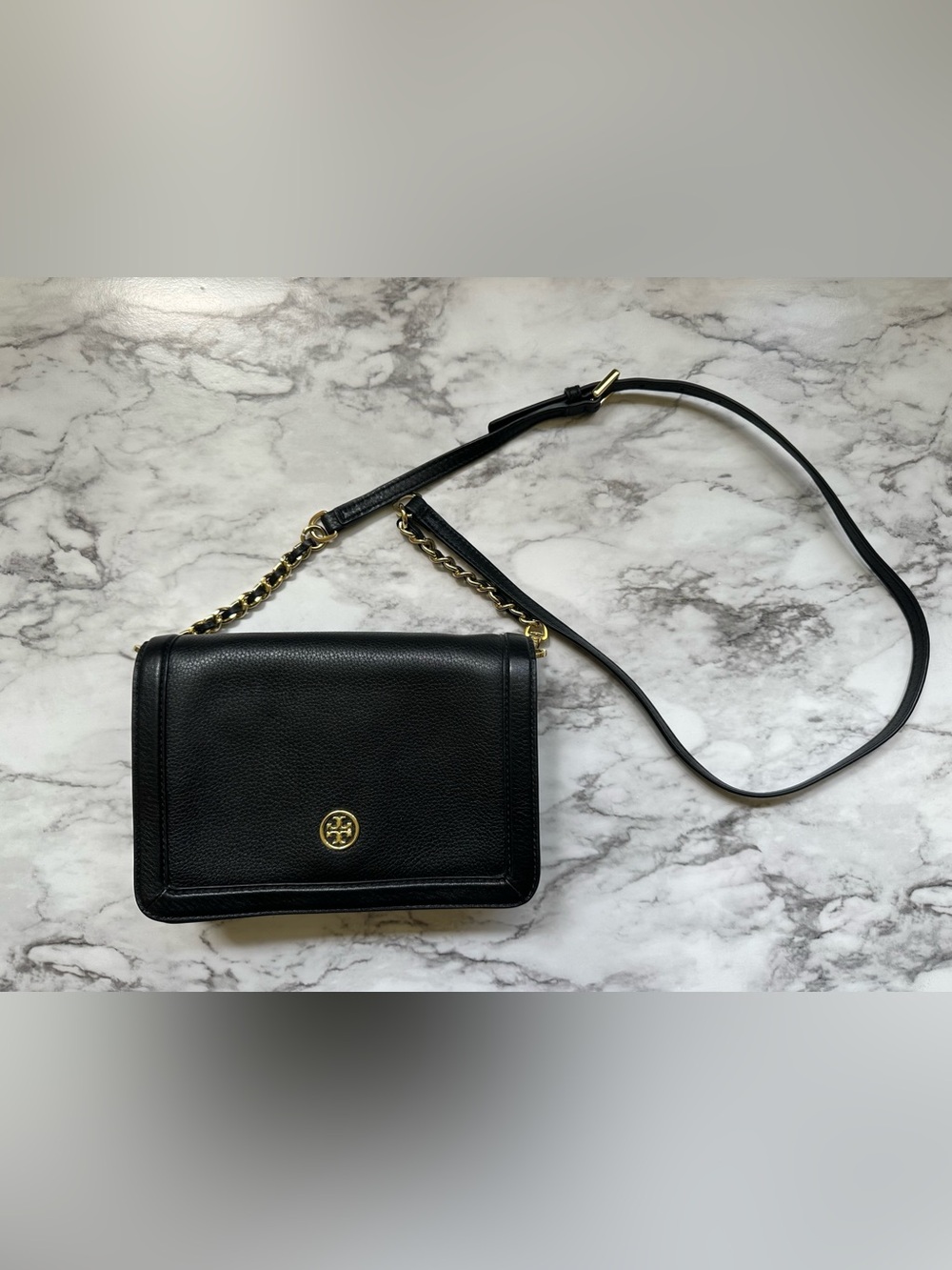 Tory Burch Black Pebbled Leather Crossbody with Gold Hardware